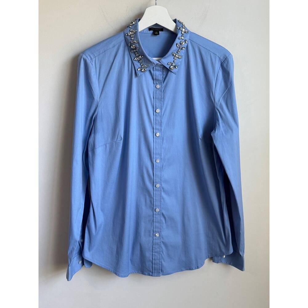 Ann Taylor Embellished Jewel Long Sleeve Button-Down Shirt Blue Women's Size 12 - Picture 2 of 8